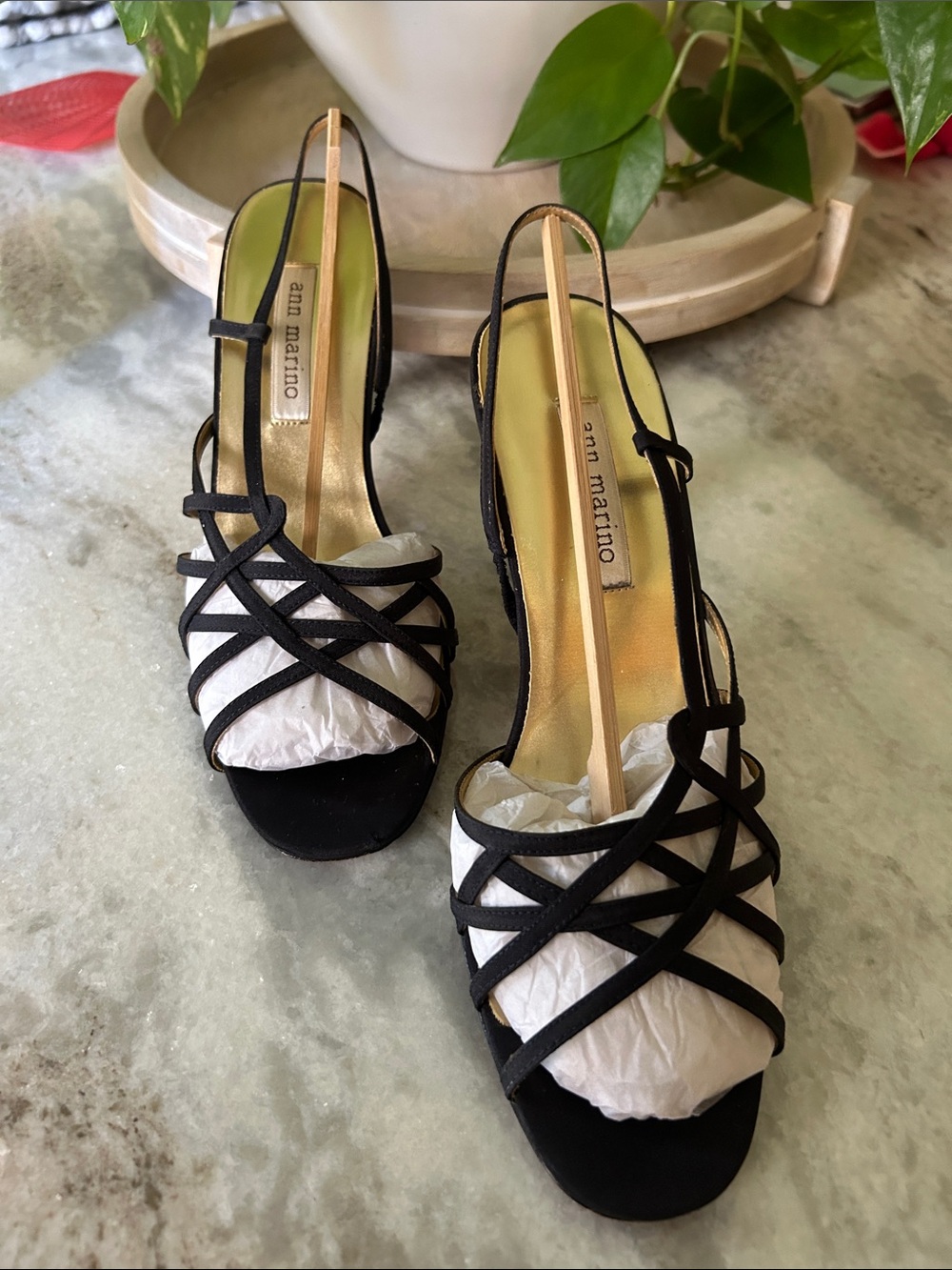 Ann Marino Black Strappy Open-Toe Slingback Heels